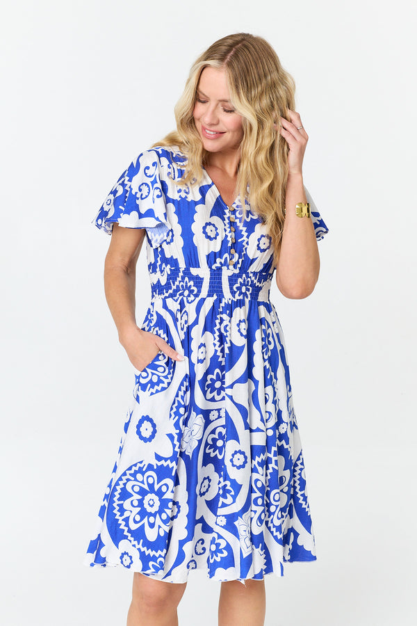 Blue | Printed Knee Length Angel Sleeve Dress