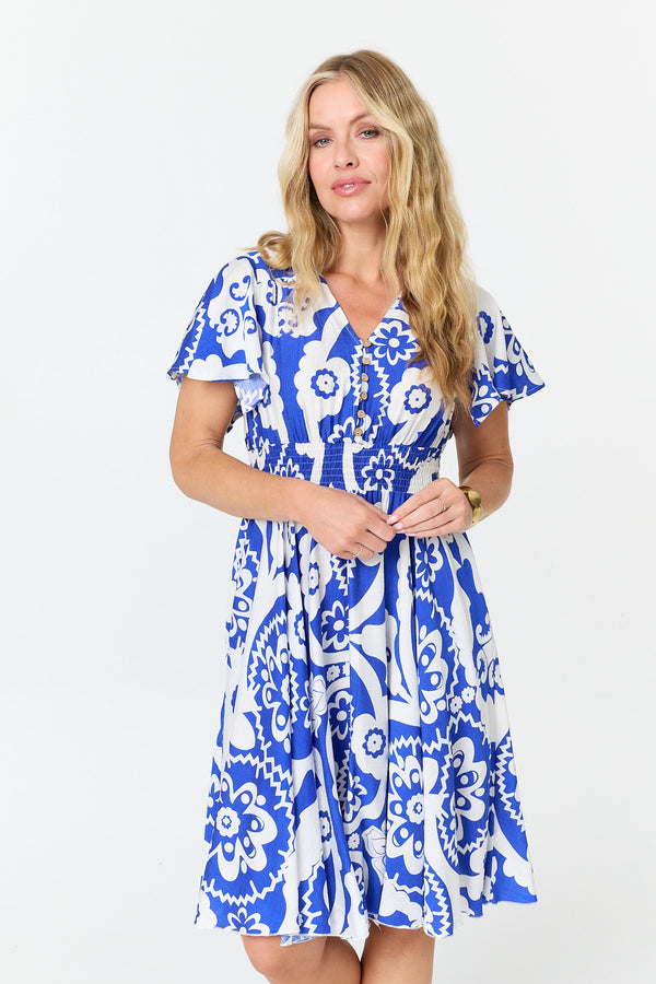Blue | Printed Knee Length Angel Sleeve Dress