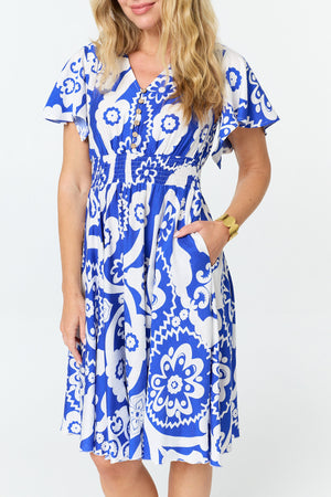 Blue | Printed Knee Length Angel Sleeve Dress