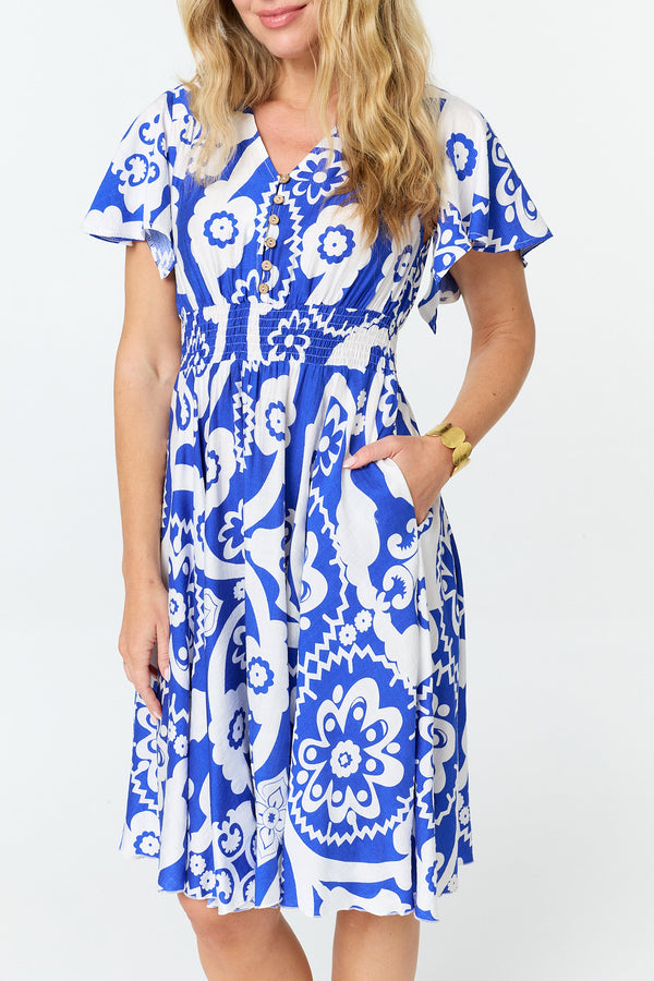 Blue | Printed Knee Length Angel Sleeve Dress