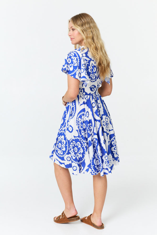 Blue | Printed Knee Length Angel Sleeve Dress