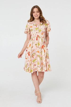 Pink | Printed V-Neck Shirred Knee Length Dress