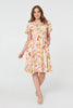 Pink | Printed V-Neck Shirred Knee Length Dress