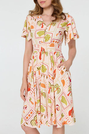 Pink | Printed V-Neck Shirred Knee Length Dress