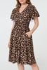 Beige | Animal Print Shirred Knee Length Dress