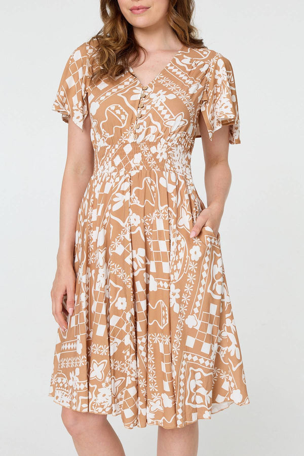 Brown | Printed Shirred Knee Length Dress