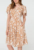 Brown | Printed Shirred Knee Length Dress