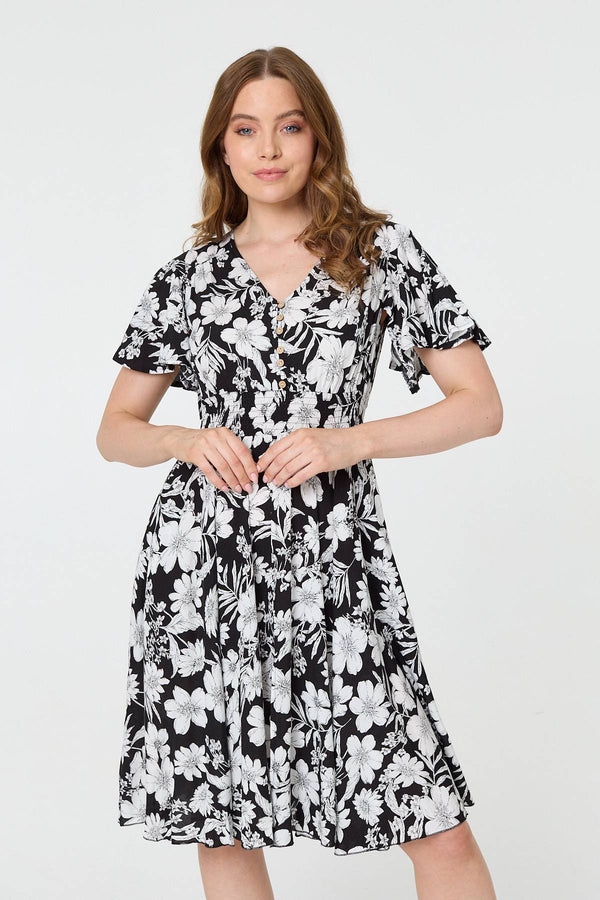 Black | Floral Shirred Knee Length Dress