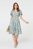 Sage | Abstract Print Shirred Knee Length Dress
