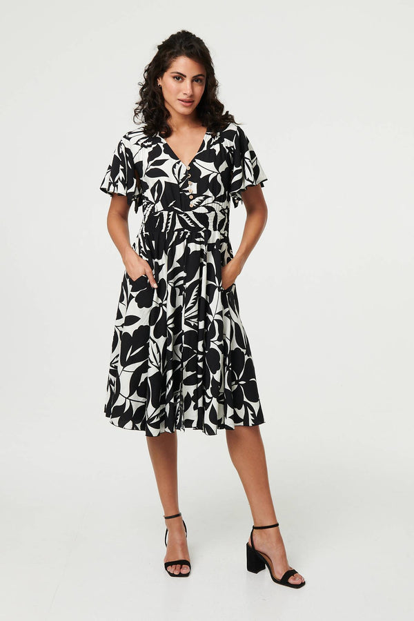 Black | Leaf Print Tie Waist Knee Length Dress
