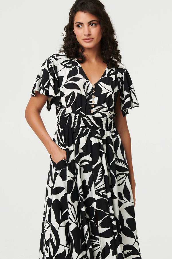Black | Leaf Print Tie Waist Knee Length Dress
