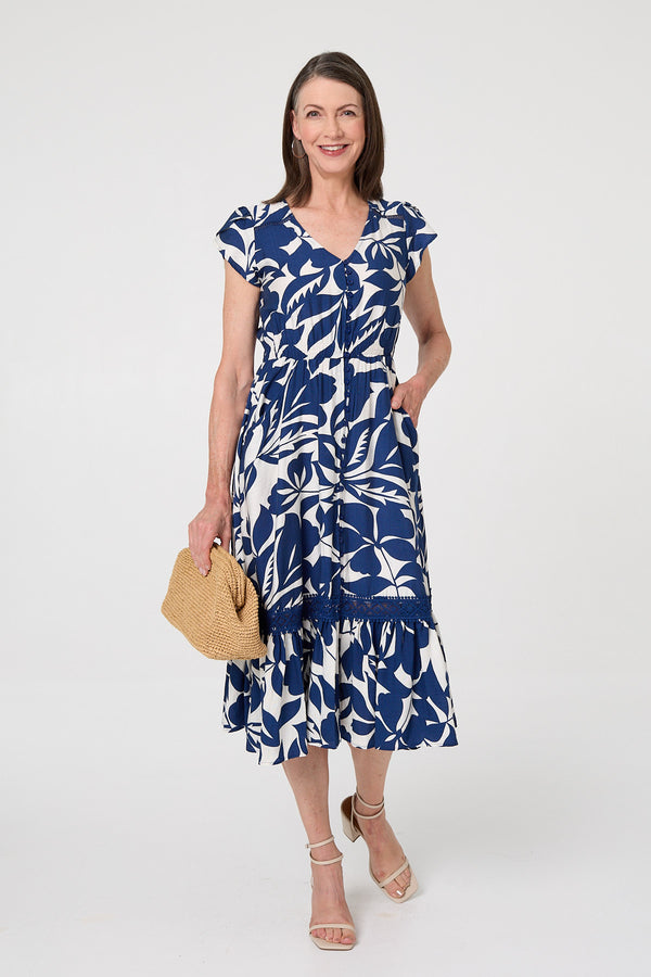 Blue | Leaf Print Cap Sleeve Lace Midi Dress