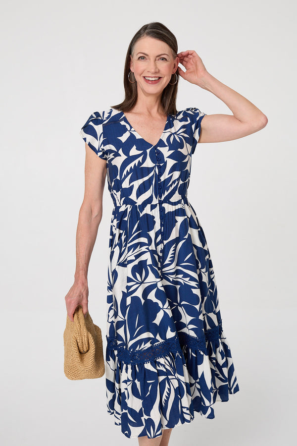 Blue | Leaf Print Cap Sleeve Lace Midi Dress