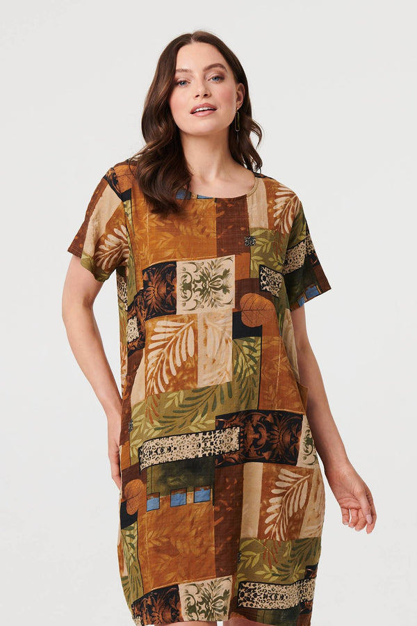 Brown | Patchwork Knee Length Shift Dress