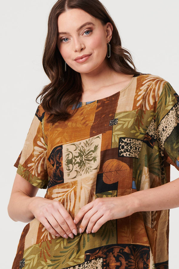 Brown | Patchwork Knee Length Shift Dress
