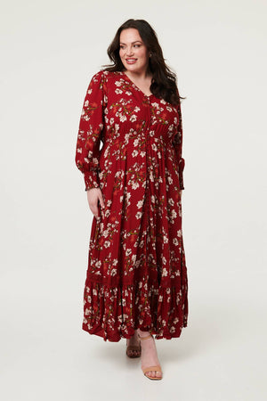 Red | Curve Floral Shirred V-Neck Maxi Dress