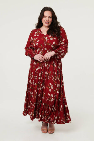 Red | Curve Floral Shirred V-Neck Maxi Dress