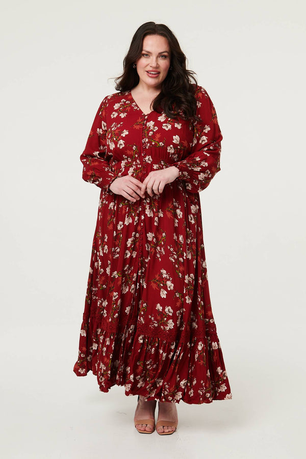 Red | Curve Floral Shirred V-Neck Maxi Dress