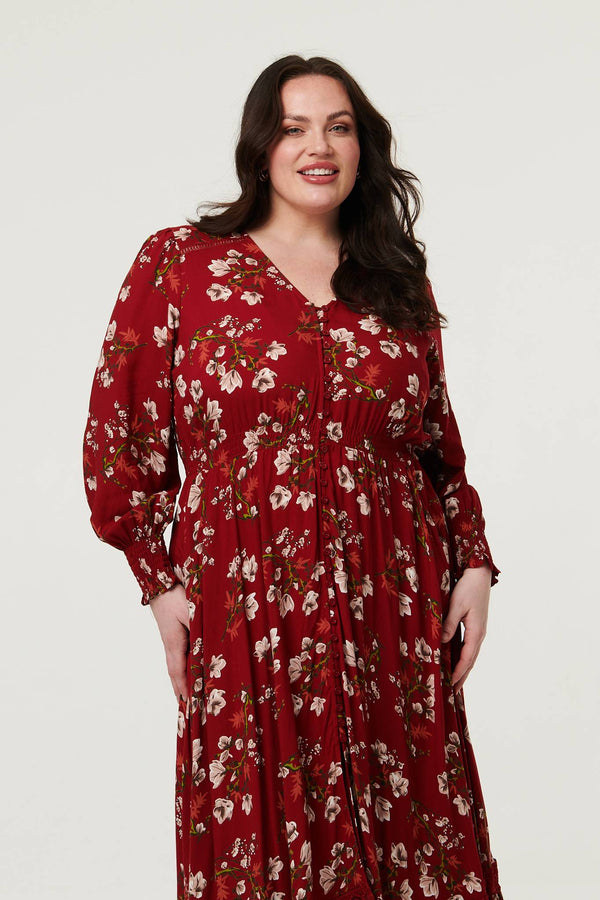 Red | Curve Floral Shirred V-Neck Maxi Dress