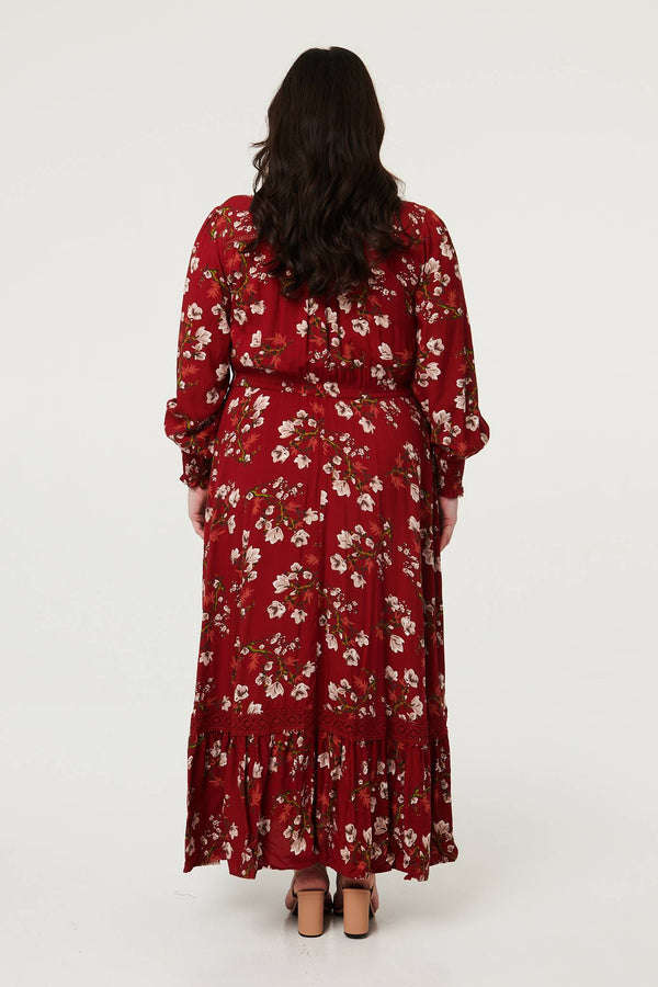 Red | Curve Floral Shirred V-Neck Maxi Dress