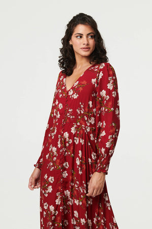 Red | Floral Long Sleeve Lace Trim Maxi Dress