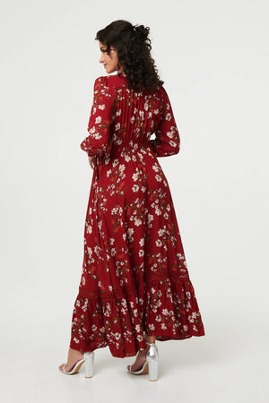 Red | Floral Long Sleeve Lace Trim Maxi Dress