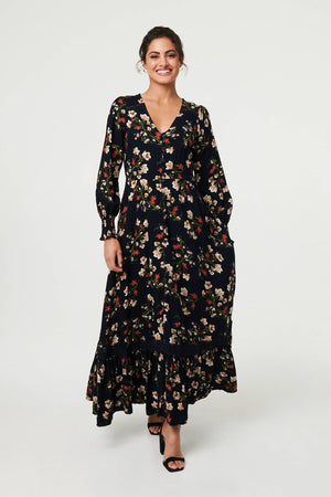 Navy | Floral Long Sleeve Lace Trim Maxi Dress : Model is 5'8