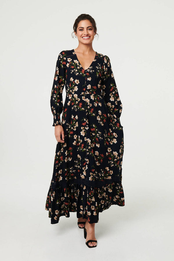 Navy | Floral Long Sleeve Lace Trim Maxi Dress : Model is 5'8"/172 cm and wears UK8/EU36/US4/AUS8