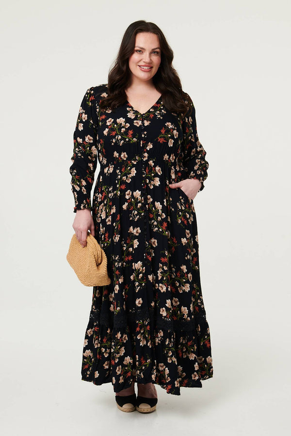 Navy | Curve Floral Shirred V-Neck Maxi Dress