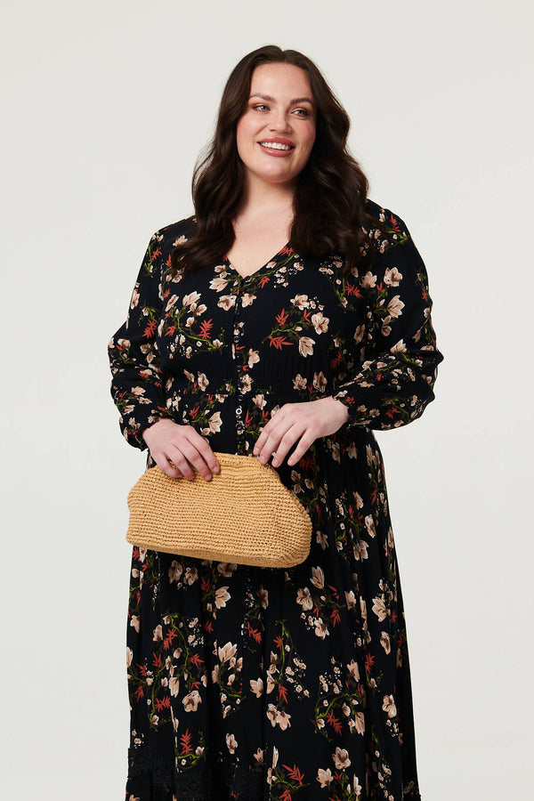 Navy | Curve Floral Shirred V-Neck Maxi Dress