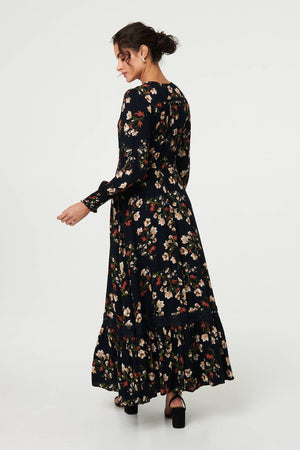 Navy | Floral Long Sleeve Lace Trim Maxi Dress