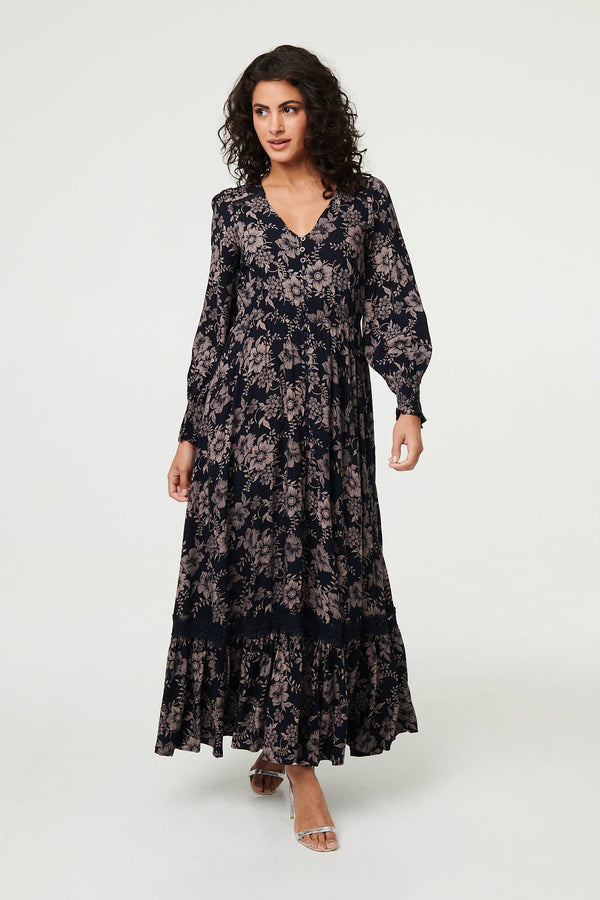 Navy | Floral Lace Long Sleeve Maxi Dress
