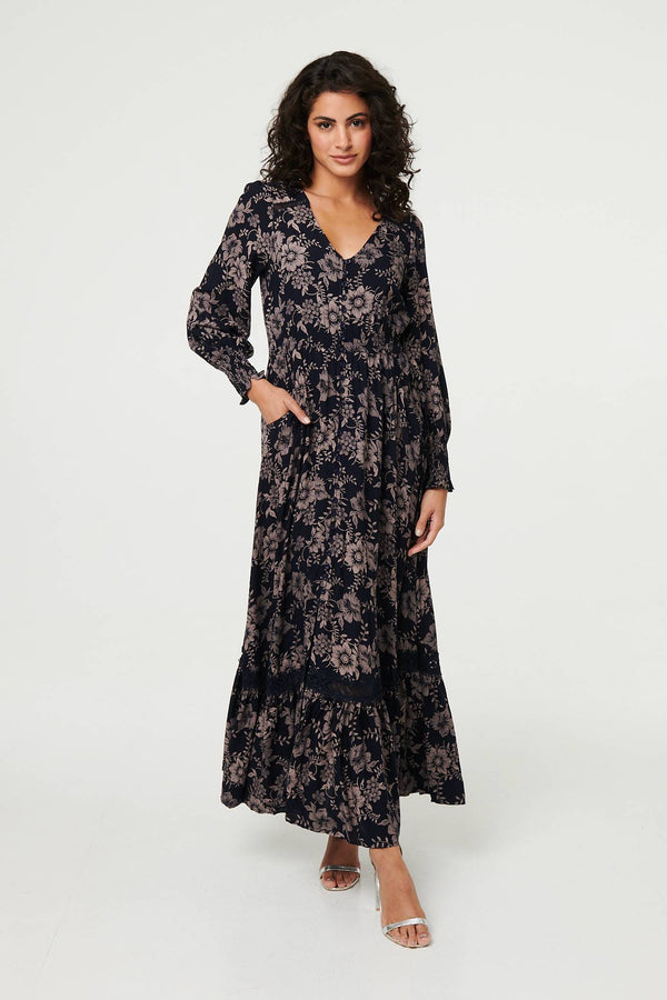 Navy | Floral Lace Long Sleeve Maxi Dress
