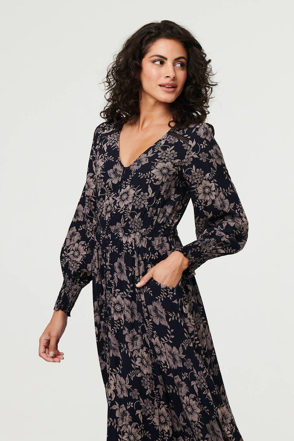 Navy | Floral Lace Long Sleeve Maxi Dress
