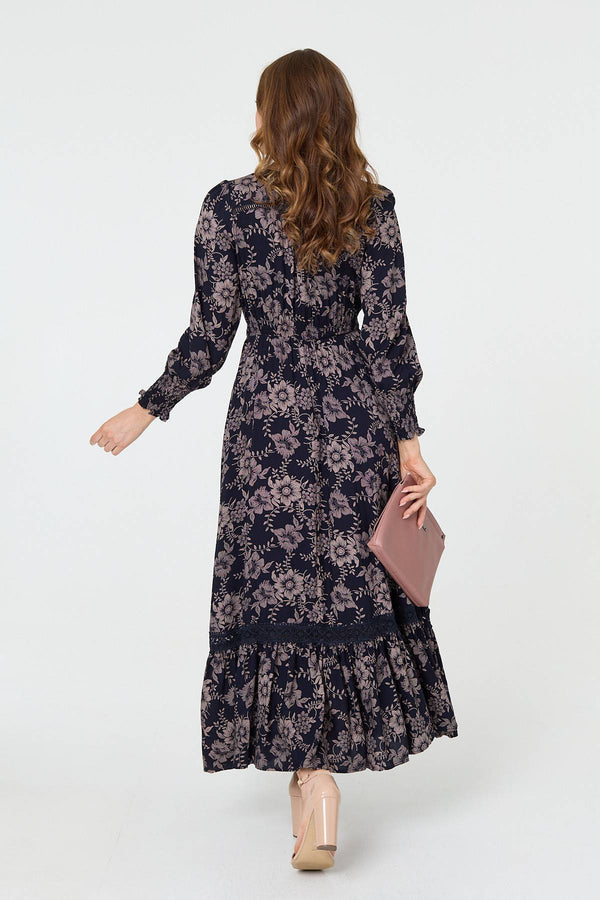 Navy | Floral Lace Long Sleeve Maxi Dress
