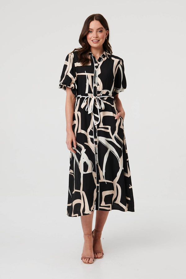 Black | Geo Print Puff Sleeve Tie Midi Dress
