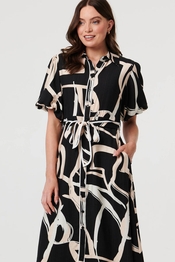 Black | Geo Print Puff Sleeve Tie Midi Dress