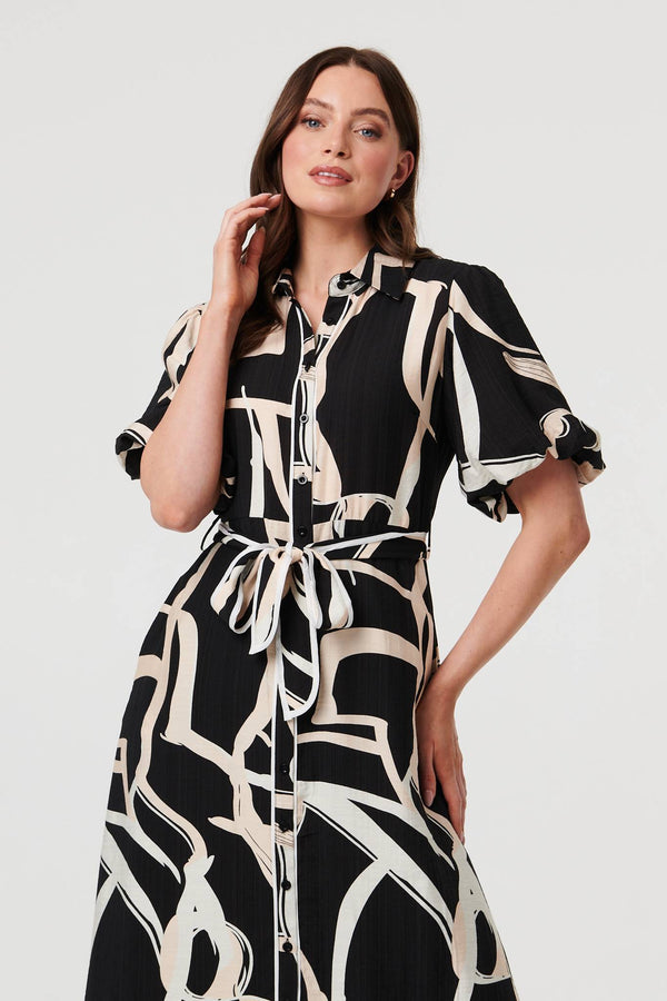 Black | Geo Print Puff Sleeve Tie Midi Dress