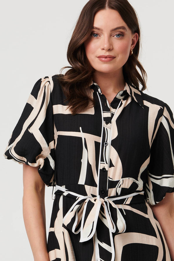 Black | Geo Print Puff Sleeve Tie Midi Dress