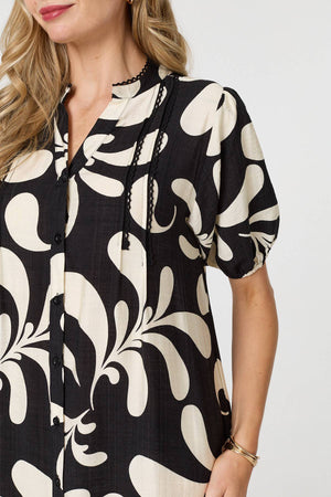 Black | Printed 1/2 Sleeve Tiered Short Dress
