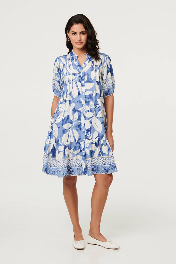 Blue | Leaf Print 1/2 Sleeve Knee Length Dress