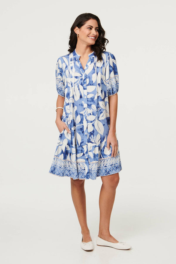 Blue | Leaf Print 1/2 Sleeve Knee Length Dress