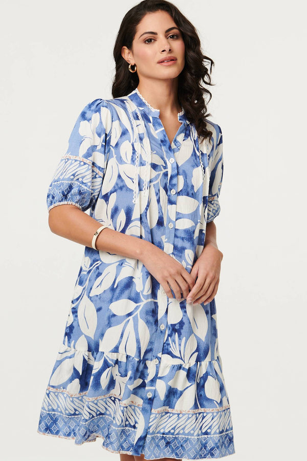 Blue | Leaf Print 1/2 Sleeve Knee Length Dress