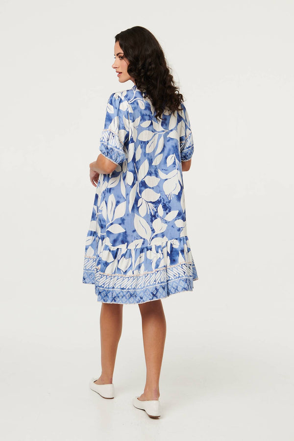 Blue | Leaf Print 1/2 Sleeve Knee Length Dress