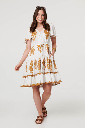 Beige | Printed Drawstring Knee Length Dress