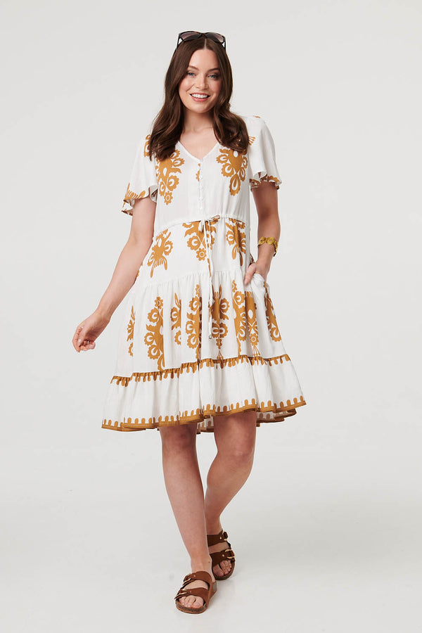Beige | Printed Drawstring Knee Length Dress