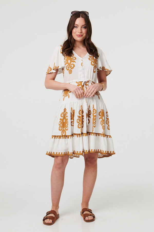 Beige | Printed Drawstring Knee Length Dress