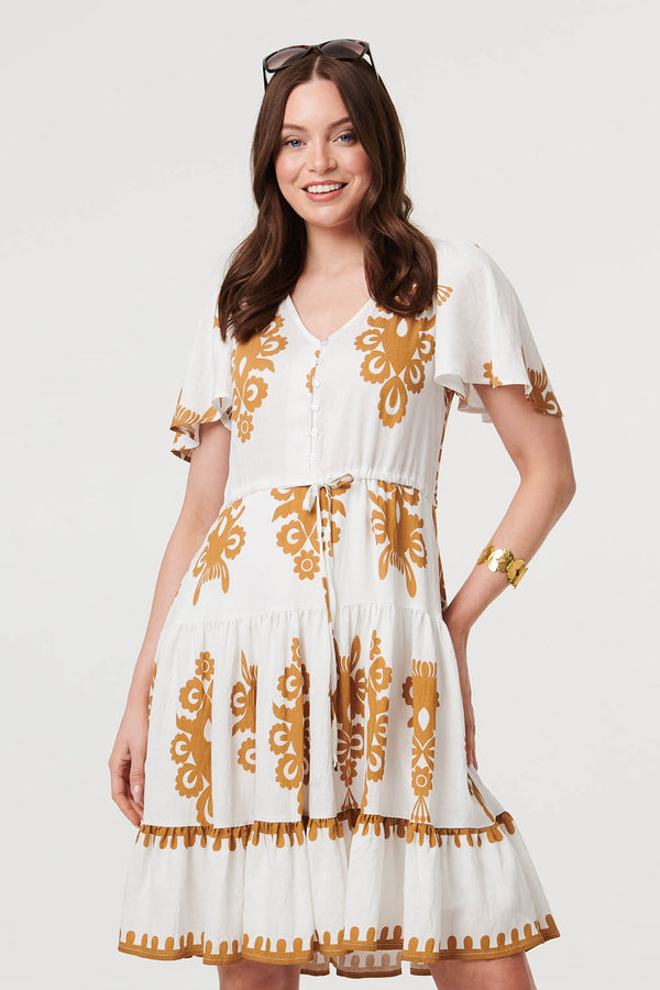 Beige | Printed Drawstring Knee Length Dress