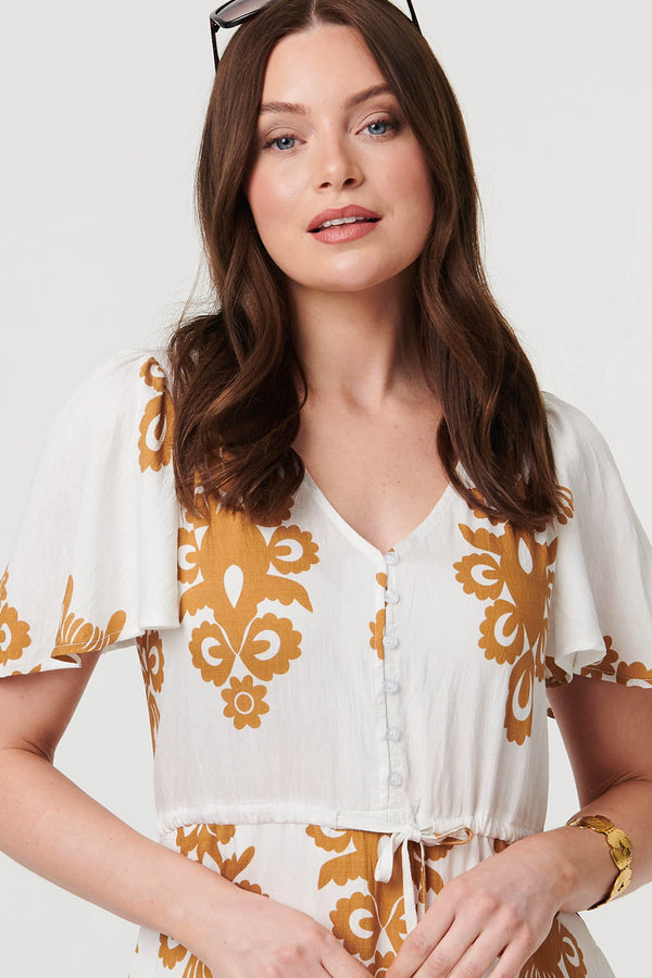 Beige | Printed Drawstring Knee Length Dress