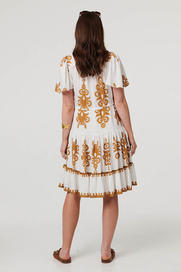 Beige | Printed Drawstring Knee Length Dress